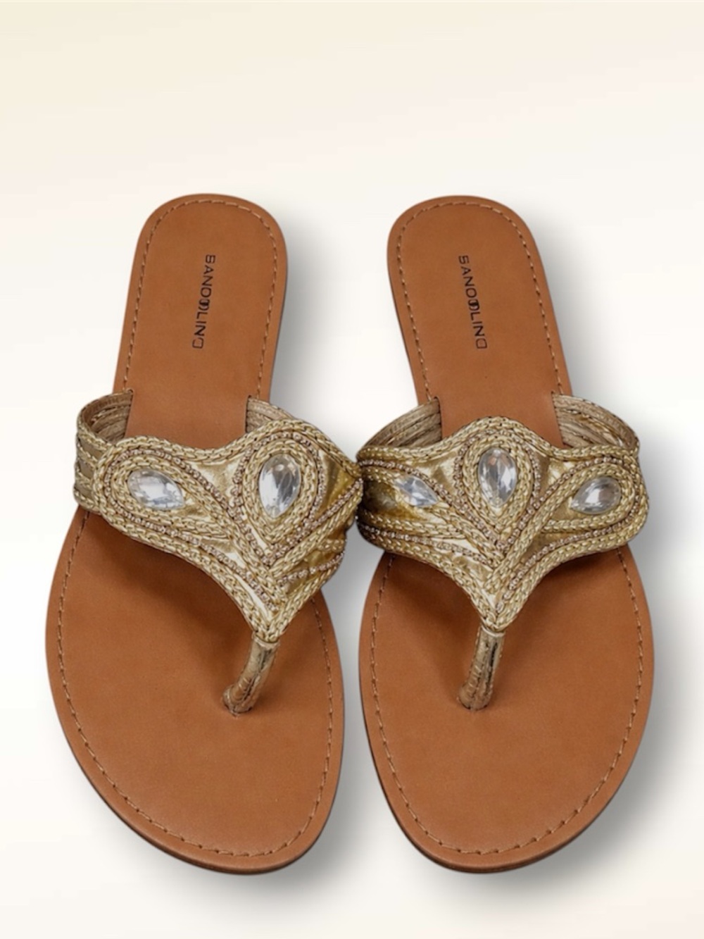 Bandolino Gold Jeweled Embellished Thong Sandal Flat Womens Size 7.5